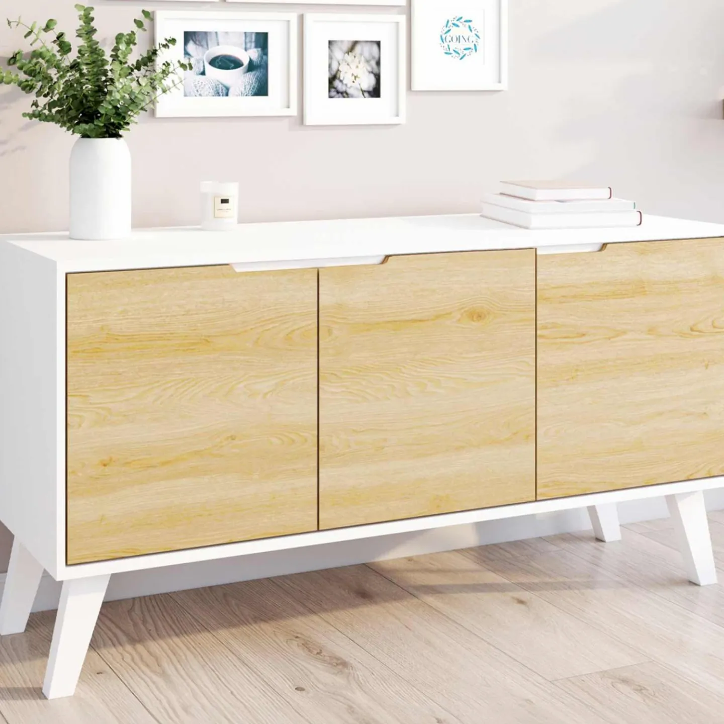 Buffet blanc et bois scandinave 3 portes 113 cm*IDMarket Outlet