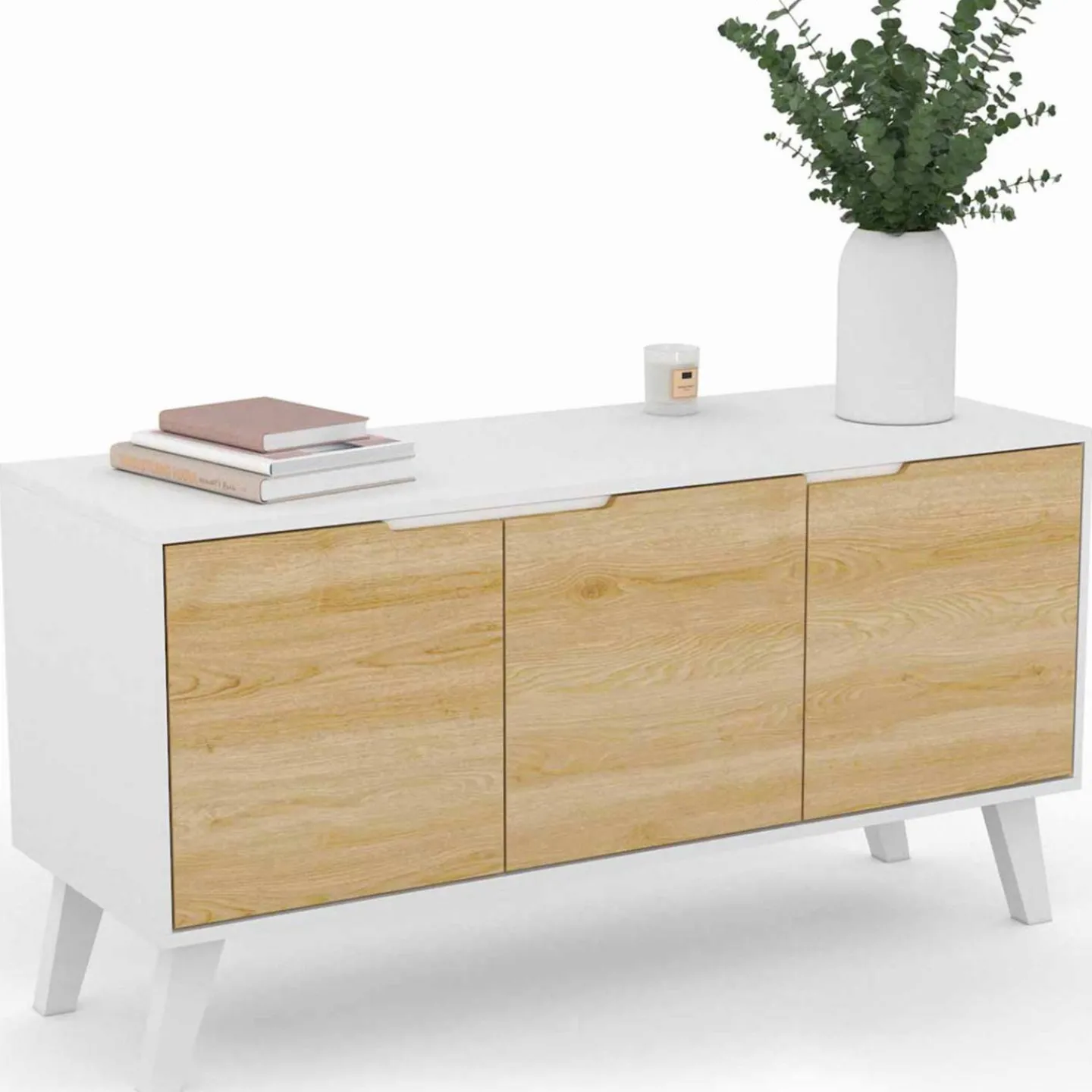 Buffet blanc et bois scandinave 3 portes 113 cm*IDMarket Outlet