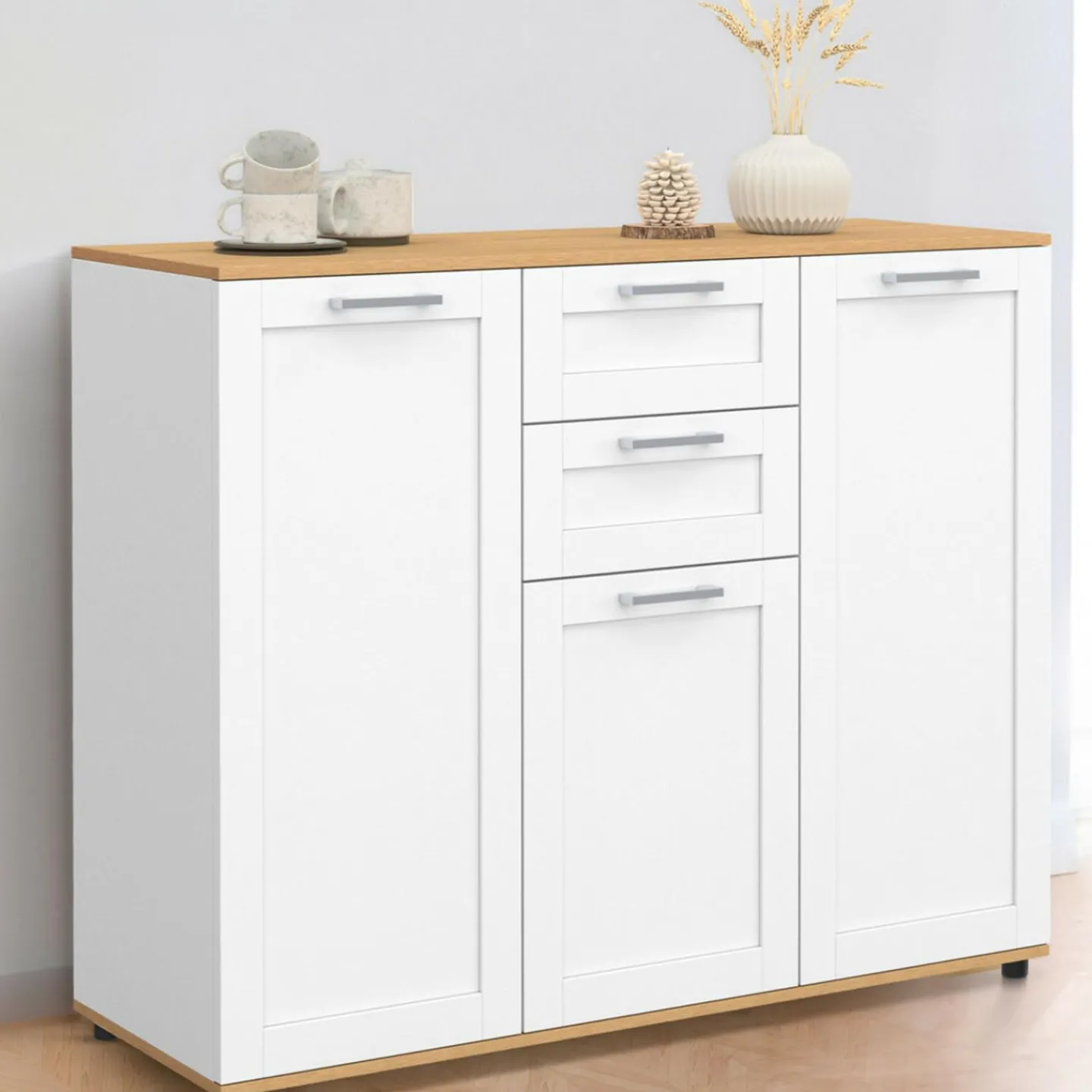 Buffet blanc et plateau bois 100 cm avec 3 portes et 2 tiroirs*IDMarket Hot