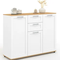 Buffet blanc et plateau bois 100 cm avec 3 portes et 2 tiroirs*IDMarket Hot