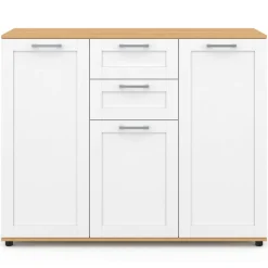 Buffet blanc et plateau bois 100 cm avec 3 portes et 2 tiroirs*IDMarket Hot