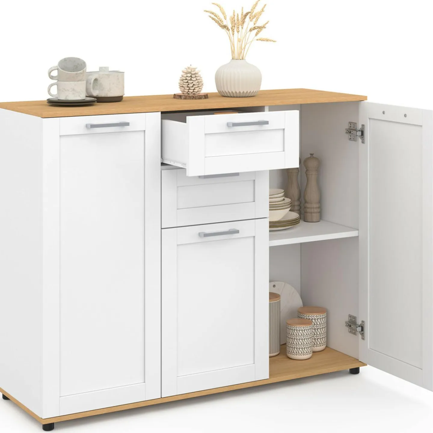 Buffet blanc et plateau bois 100 cm avec 3 portes et 2 tiroirs*IDMarket Hot