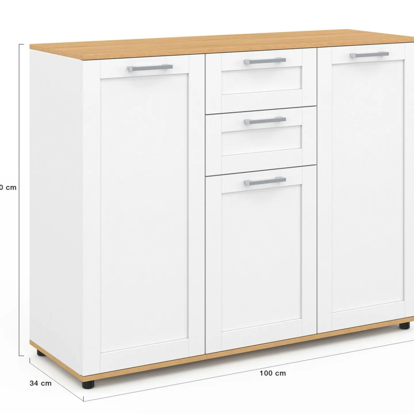Buffet blanc et plateau bois 100 cm avec 3 portes et 2 tiroirs*IDMarket Hot