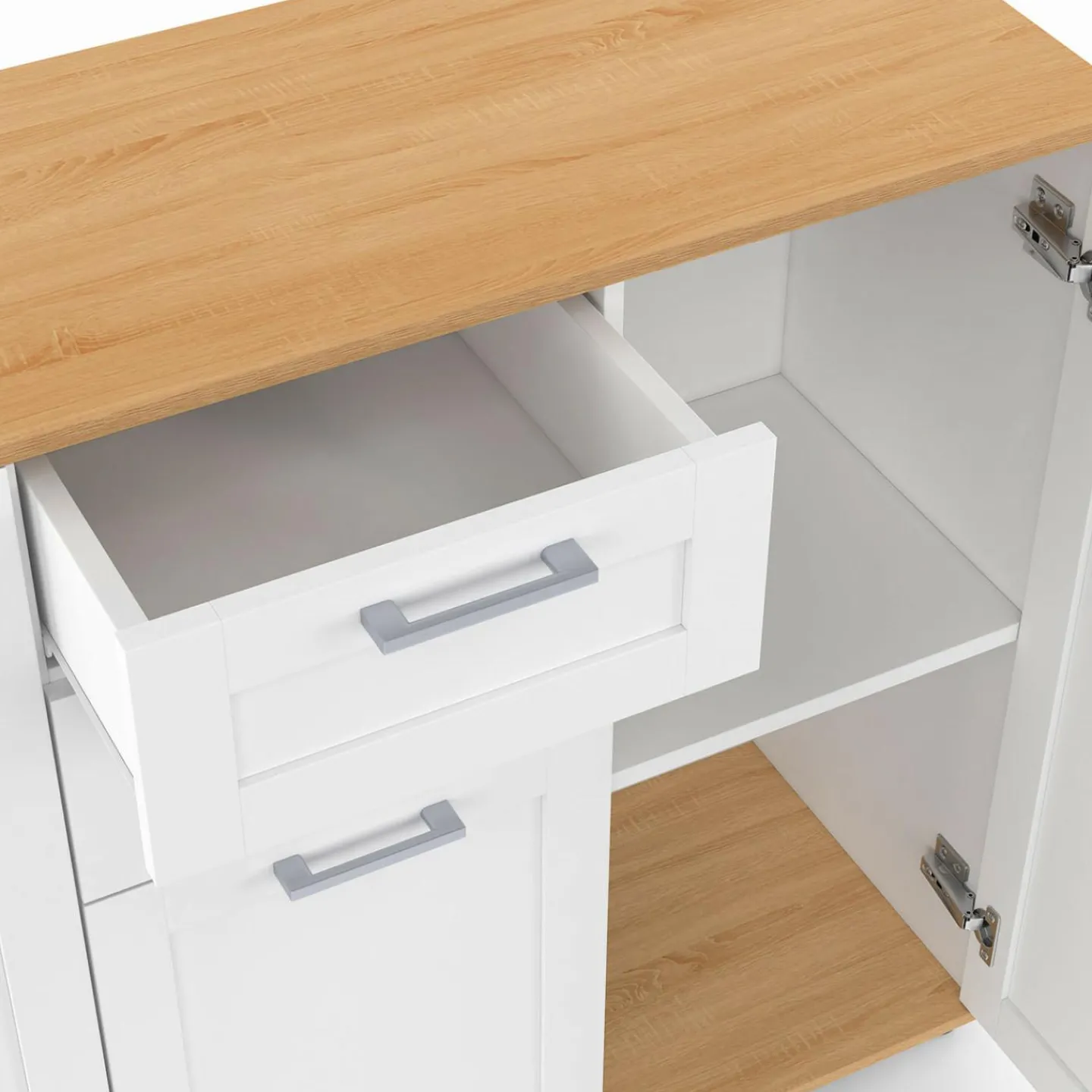 Buffet blanc et plateau bois 100 cm avec 3 portes et 2 tiroirs*IDMarket Hot