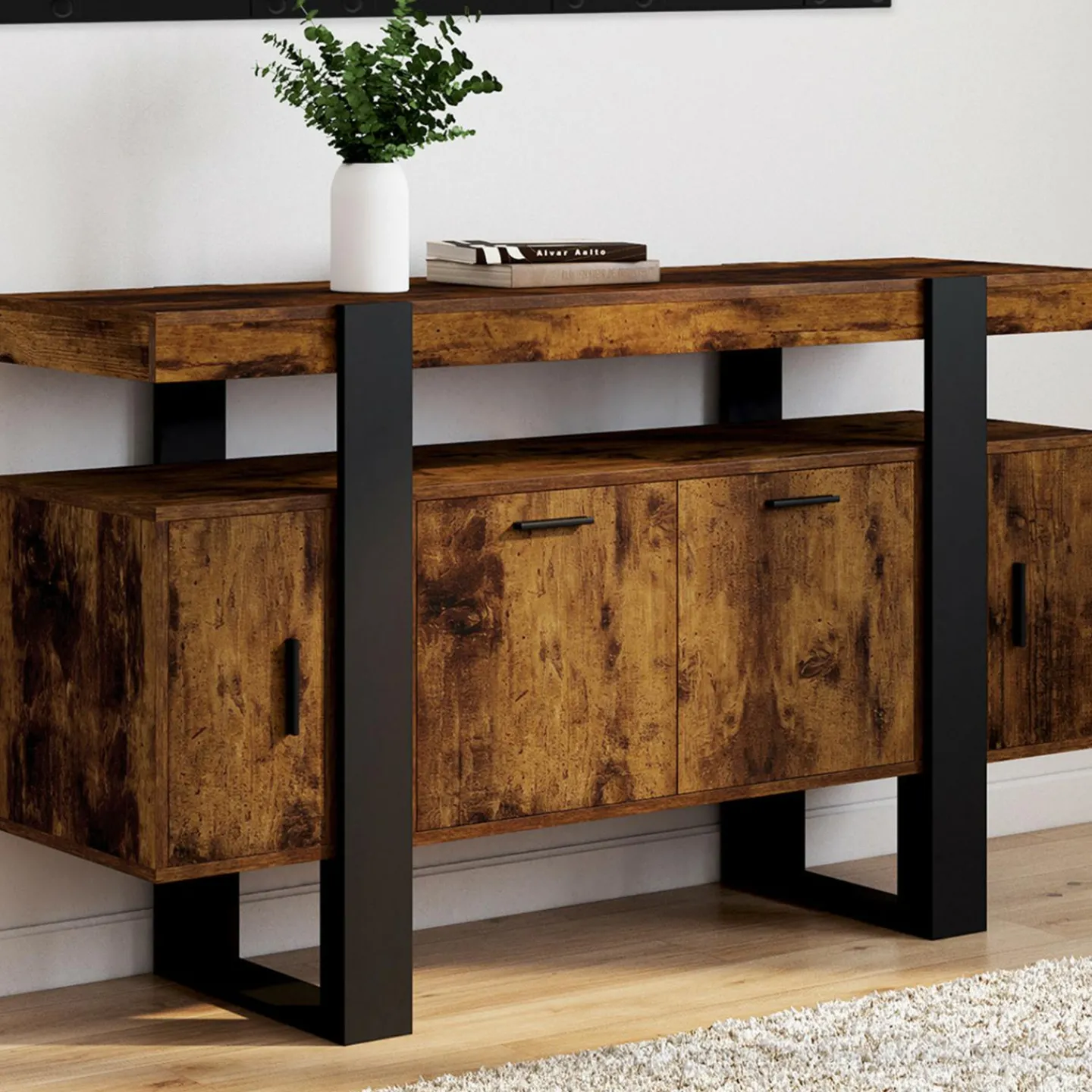 Buffet bois effet vieilli et noir 140 cm 4 portes*IDMarket Sale