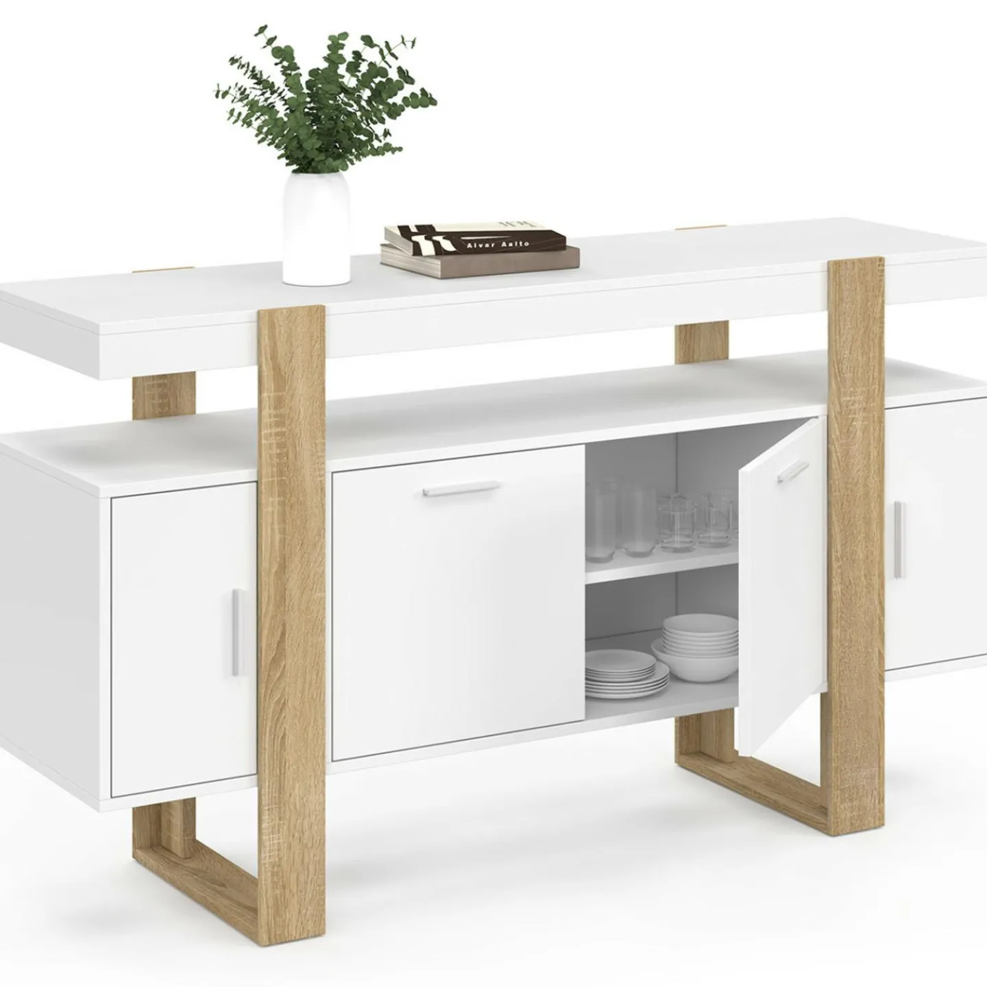 Buffet bois et blanc 140 cm avec 4 portes*IDMarket Best