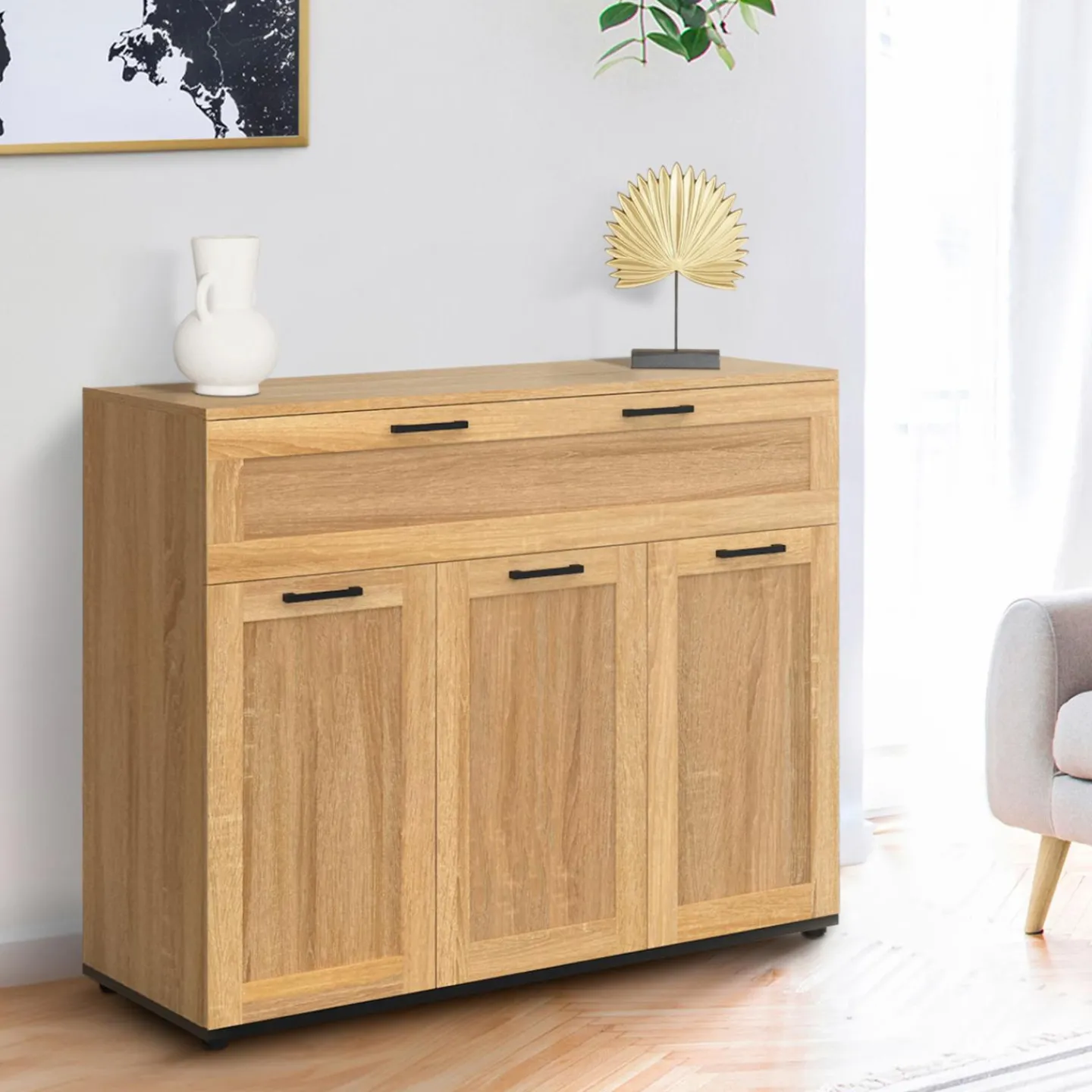 Buffet bois et poignées noires 100 cm avec 3 portes et 1 tiroir*IDMarket New