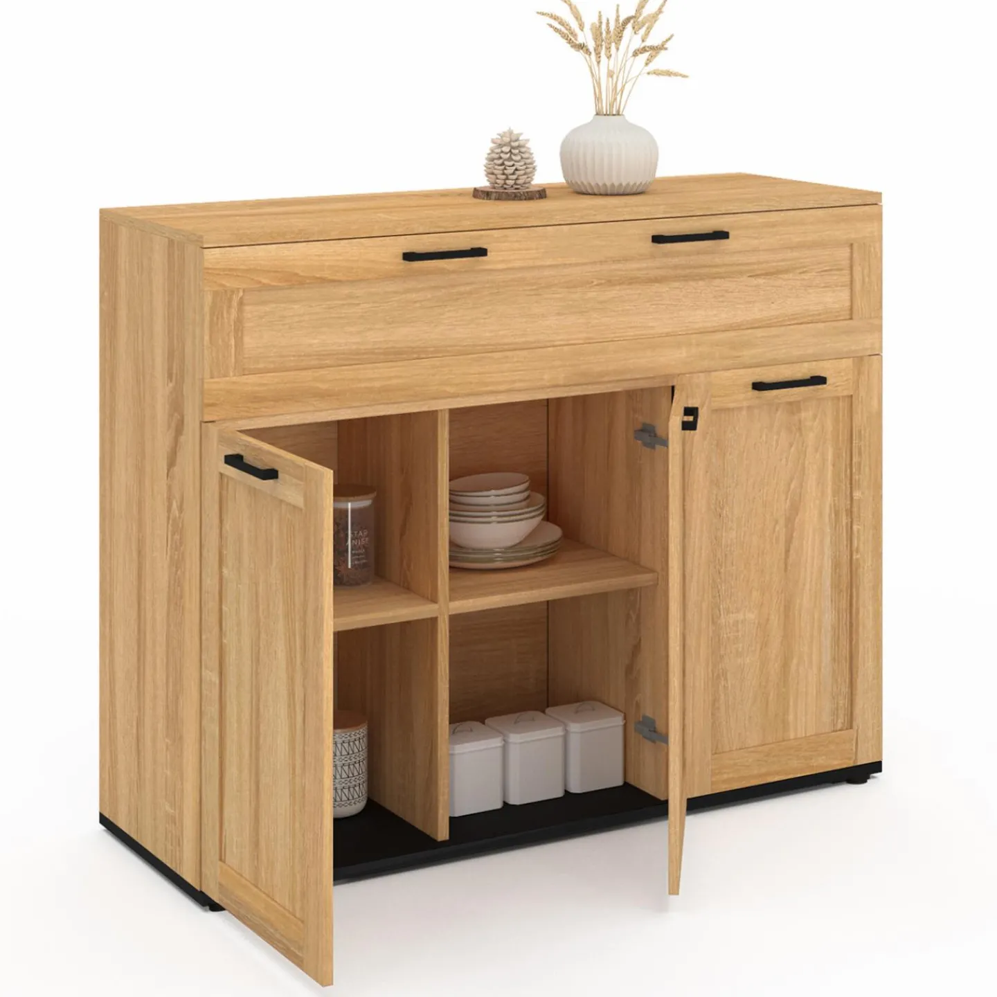 Buffet bois et poignées noires 100 cm avec 3 portes et 1 tiroir*IDMarket New