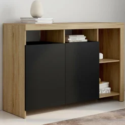Buffet bois façon hêtre avec portes noires*IDMarket Clearance