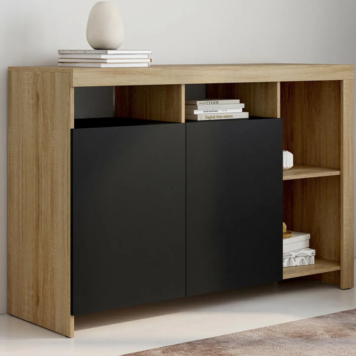 Buffet bois façon hêtre avec portes noires*IDMarket Clearance