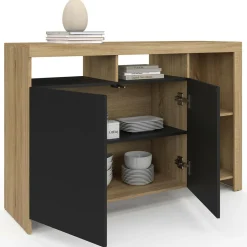 Buffet bois façon hêtre avec portes noires*IDMarket Clearance