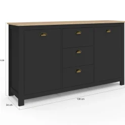 Buffet campagne 130 CM 2 portes 3 tirroirs bois et noir*IDMarket Sale