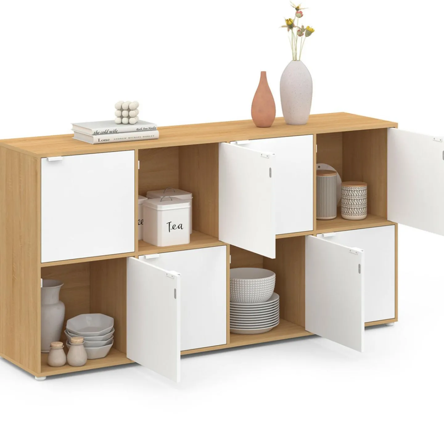 Buffet casier 8 portes 139 cm blanc et bois*IDMarket Hot