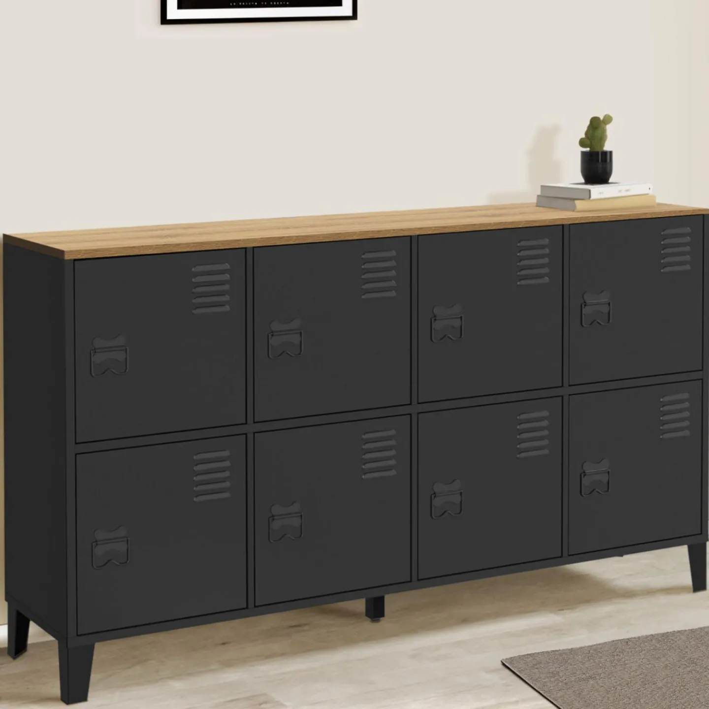 Buffet casier 8 portes en métal noir avec plateau bois 139 cm*IDMarket Outlet