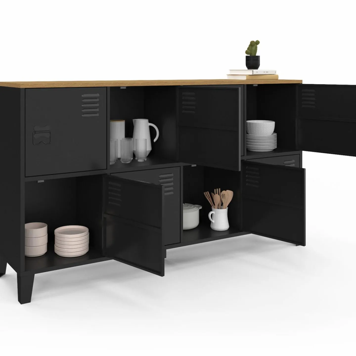 Buffet casier 8 portes en métal noir avec plateau bois 139 cm*IDMarket Outlet