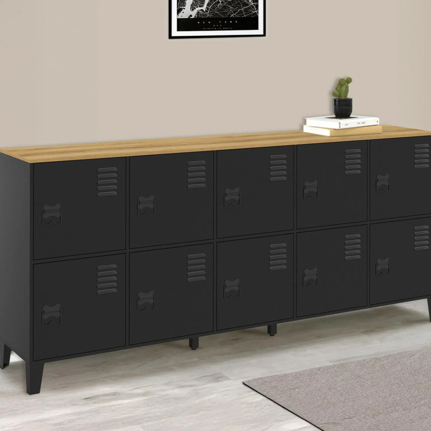 Buffet casier 180cm design industriel 10 portes en métal noir et plateau bois*IDMarket