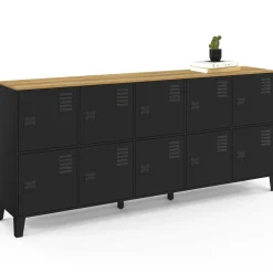 Buffet casier 180cm design industriel 10 portes en métal noir et plateau bois*IDMarket
