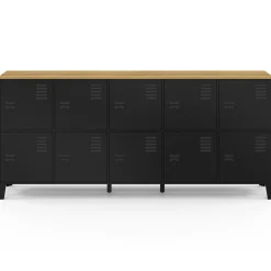 Buffet casier 180cm design industriel 10 portes en métal noir et plateau bois*IDMarket