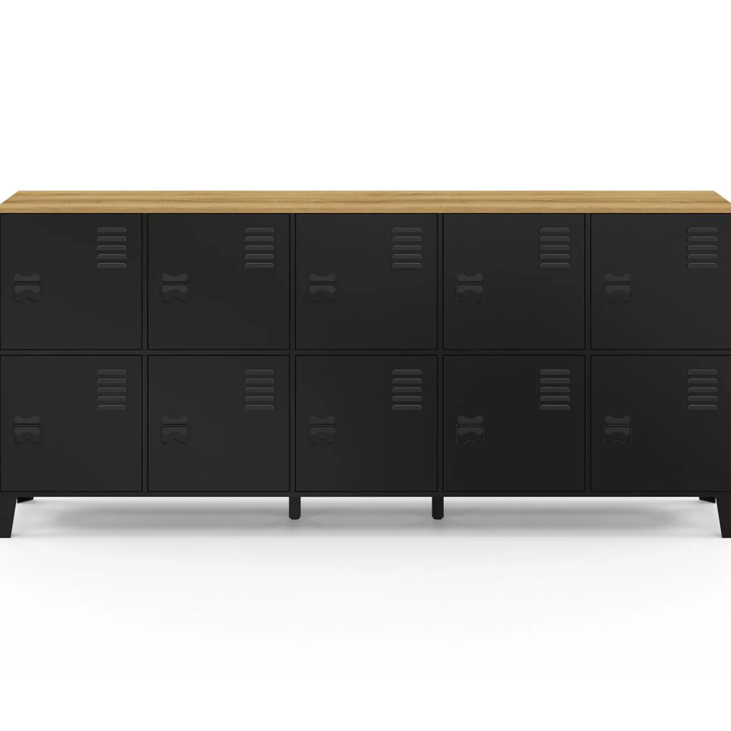 Buffet casier 180cm design industriel 10 portes en métal noir et plateau bois*IDMarket
