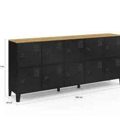 Buffet casier 180cm design industriel 10 portes en métal noir et plateau bois*IDMarket