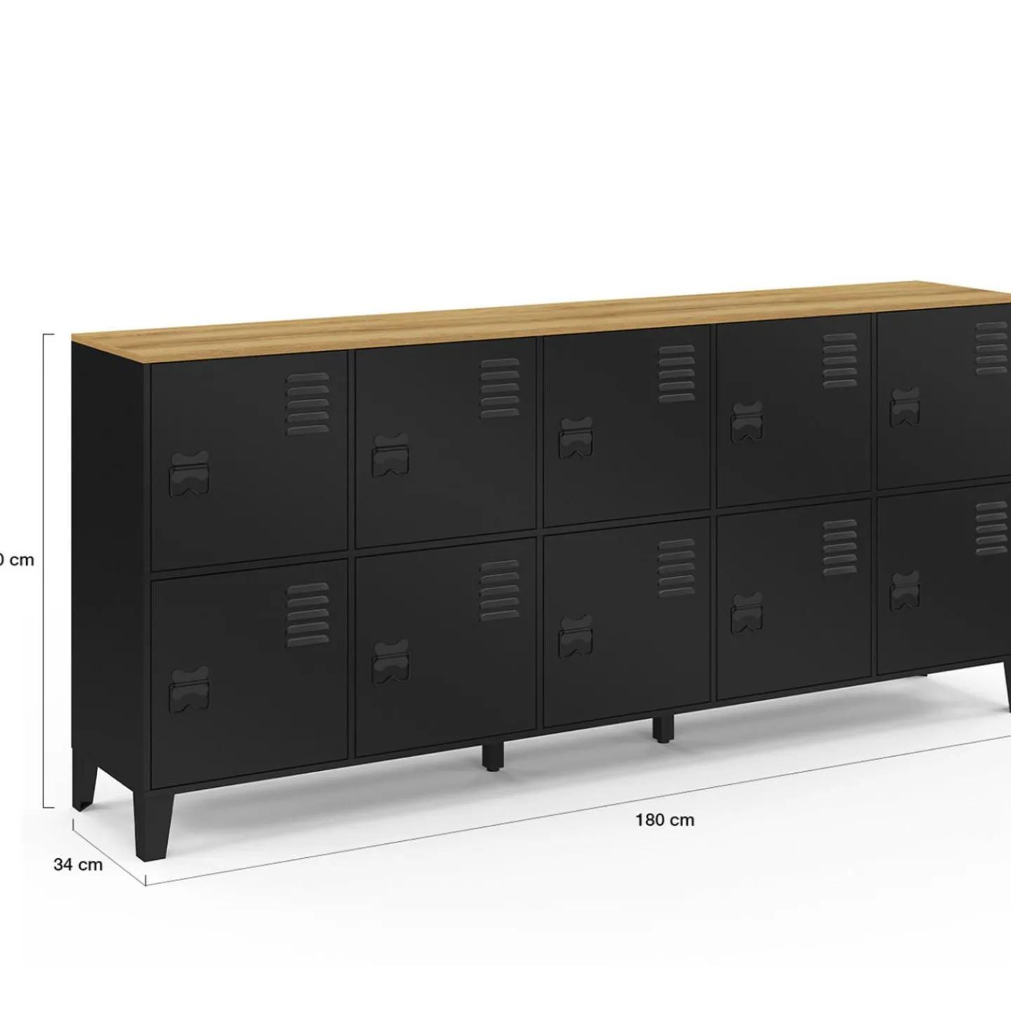 Buffet casier 180cm design industriel 10 portes en métal noir et plateau bois*IDMarket