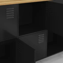 Buffet casier 180cm design industriel 10 portes en métal noir et plateau bois*IDMarket