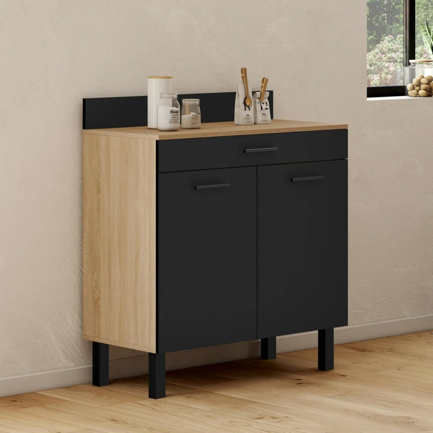 Buffet casserolier de cuisine de 80 cm avec 2 portes, 1 tiroir et un plan de travail façon hêtre*IDMarket Discount