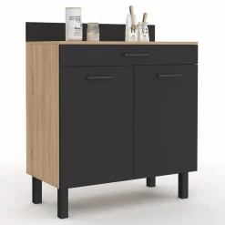 Buffet casserolier de cuisine de 80 cm avec 2 portes, 1 tiroir et un plan de travail façon hêtre*IDMarket Discount