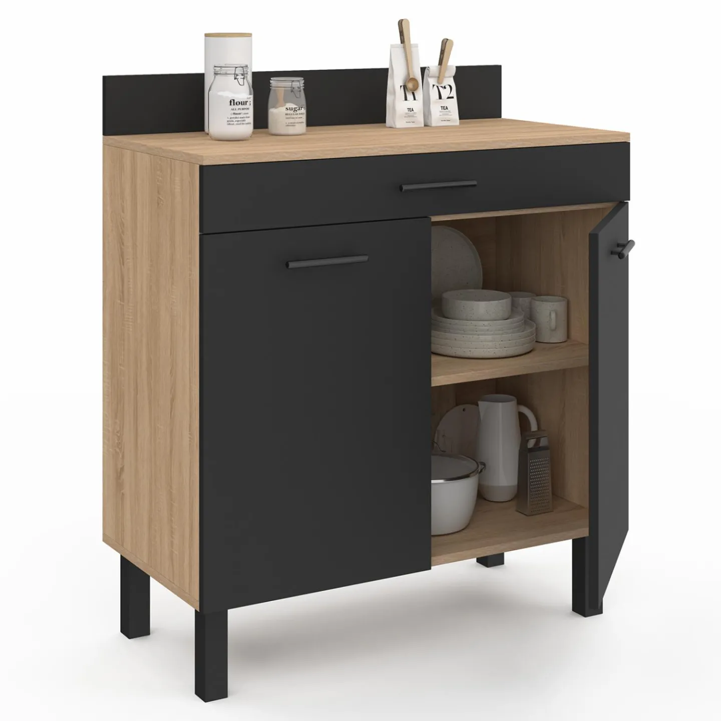 Buffet casserolier de cuisine de 80 cm avec 2 portes, 1 tiroir et un plan de travail façon hêtre*IDMarket Discount