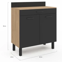 Buffet casserolier de cuisine de 80 cm avec 2 portes, 1 tiroir et un plan de travail façon hêtre*IDMarket Discount