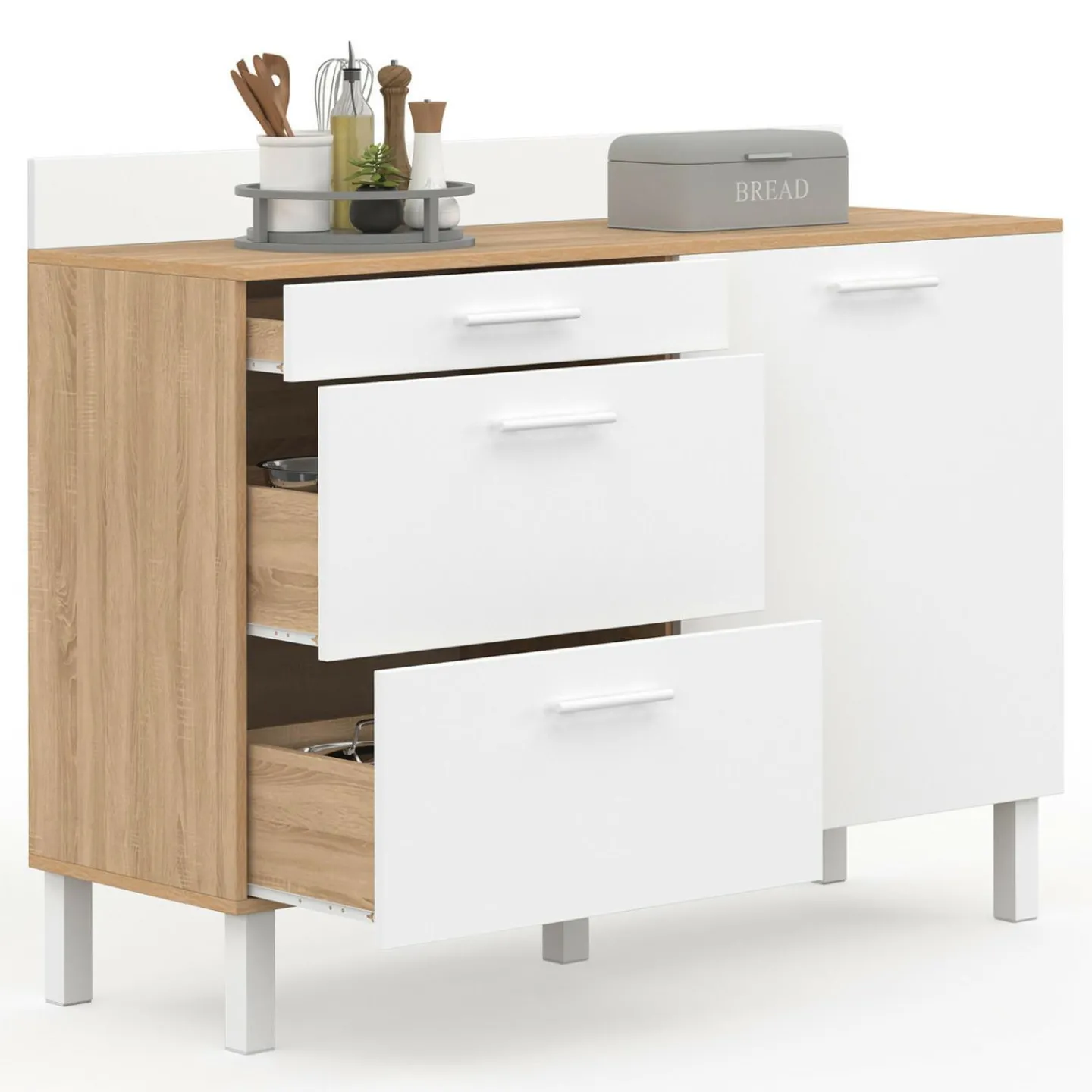 Buffet casserolier de cuisine 120 cm avec 1 porte et 3 tiroirs façon hêtre et blanc*IDMarket