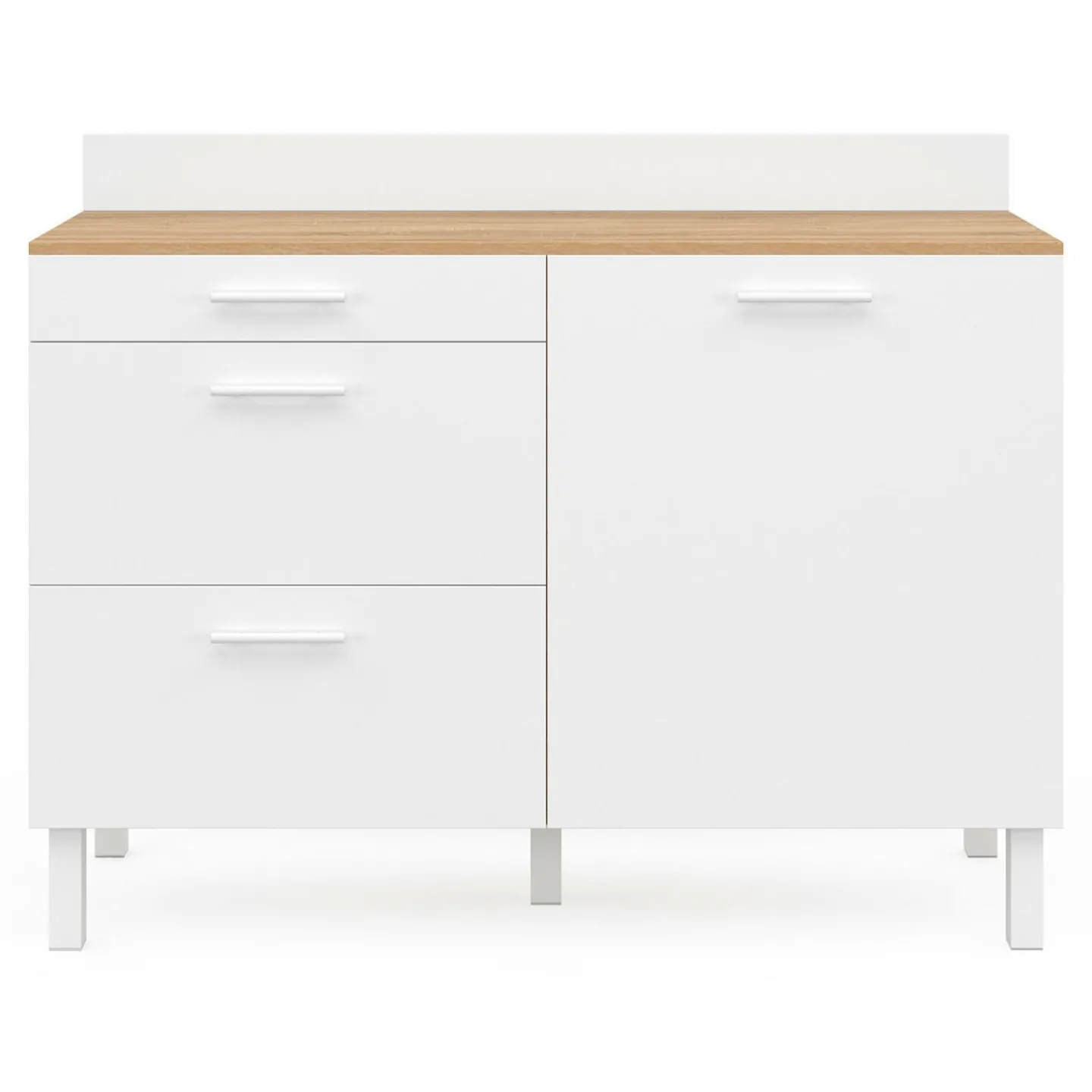 Buffet casserolier de cuisine 120 cm avec 1 porte et 3 tiroirs façon hêtre et blanc*IDMarket