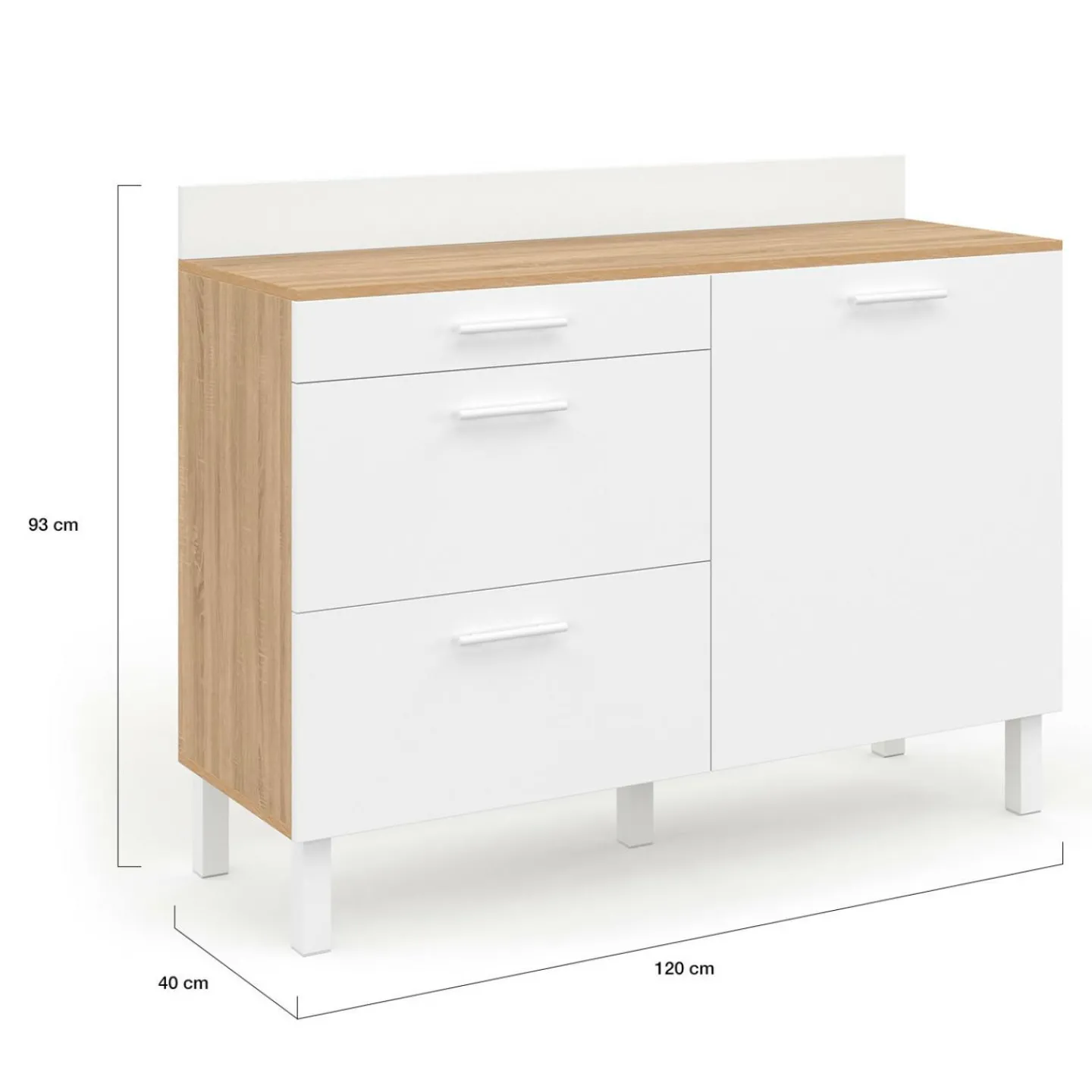 Buffet casserolier de cuisine 120 cm avec 1 porte et 3 tiroirs façon hêtre et blanc*IDMarket