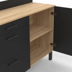 Buffet casserolier de cuisine noir et façon hêtre avec 1 porte et 3 tiroirs*IDMarket Hot