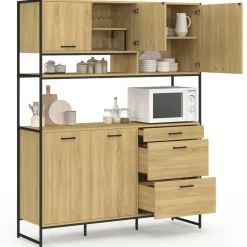 Buffet casserolier de cuisine 140 cm 5 portes + 3 tiroirs design industriel*IDMarket Sale