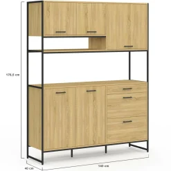 Buffet casserolier de cuisine 140 cm 5 portes + 3 tiroirs design industriel*IDMarket Sale