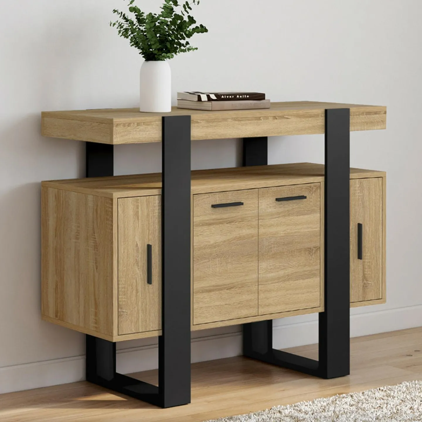 Buffet 100cm 4 portes bois et noir avec étagère*IDMarket New