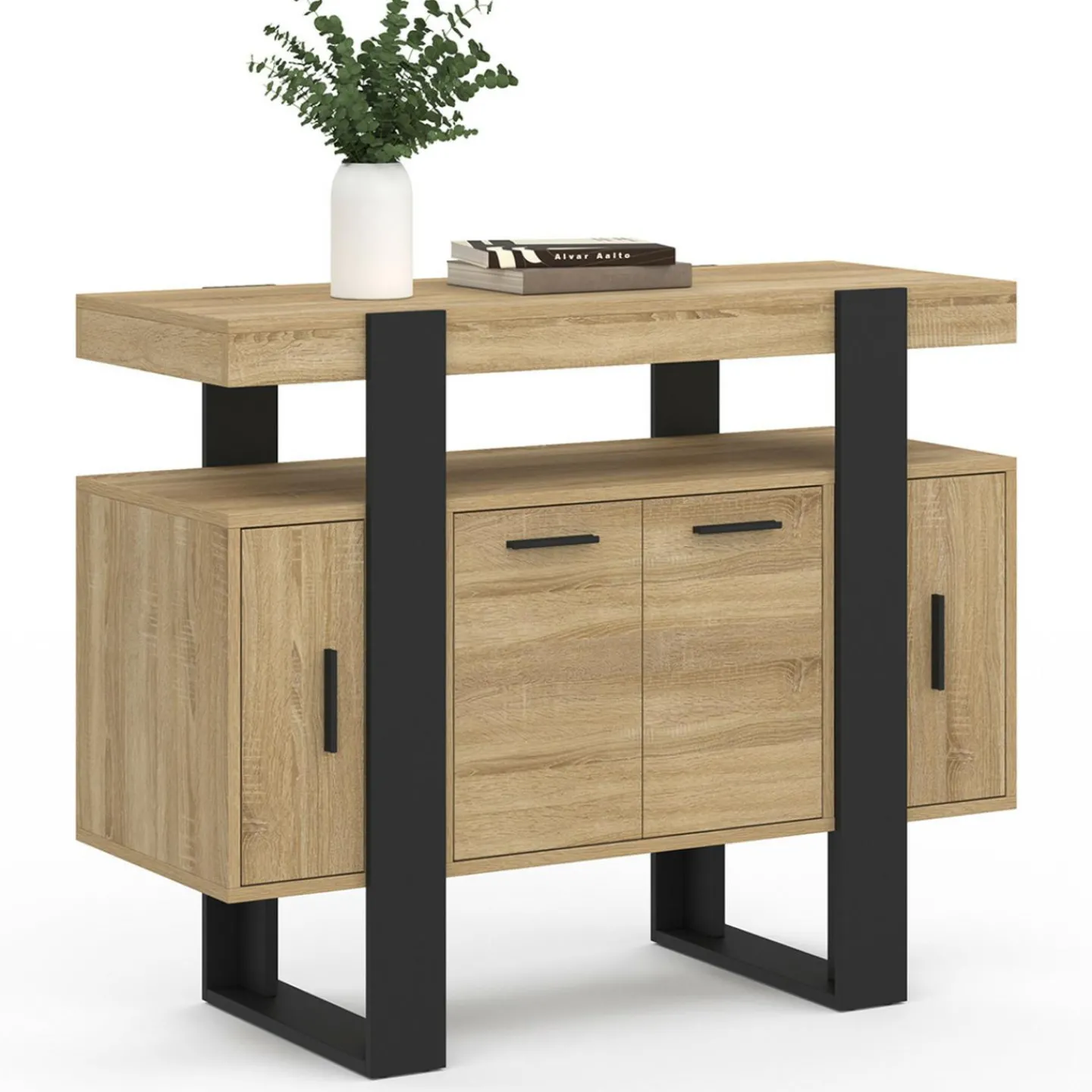Buffet 100cm 4 portes bois et noir avec étagère*IDMarket New