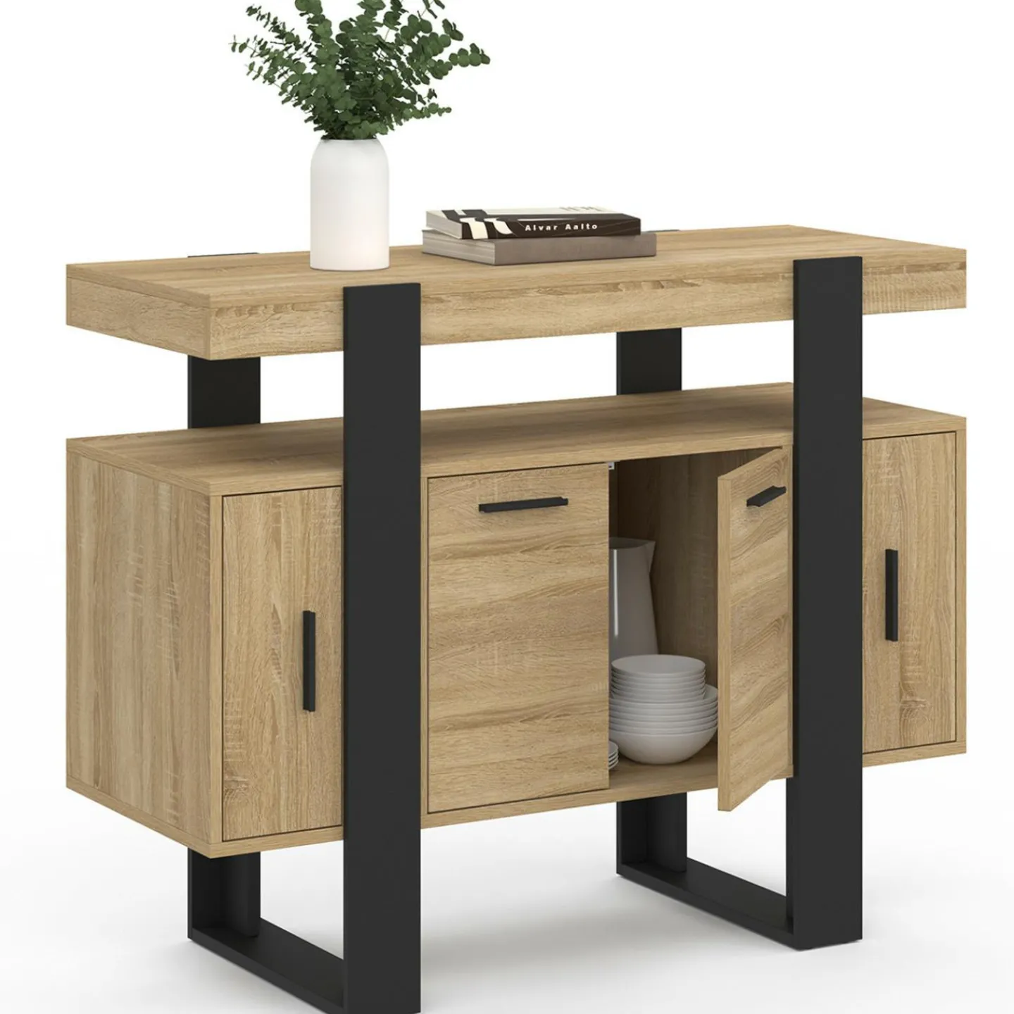 Buffet 100cm 4 portes bois et noir avec étagère*IDMarket New