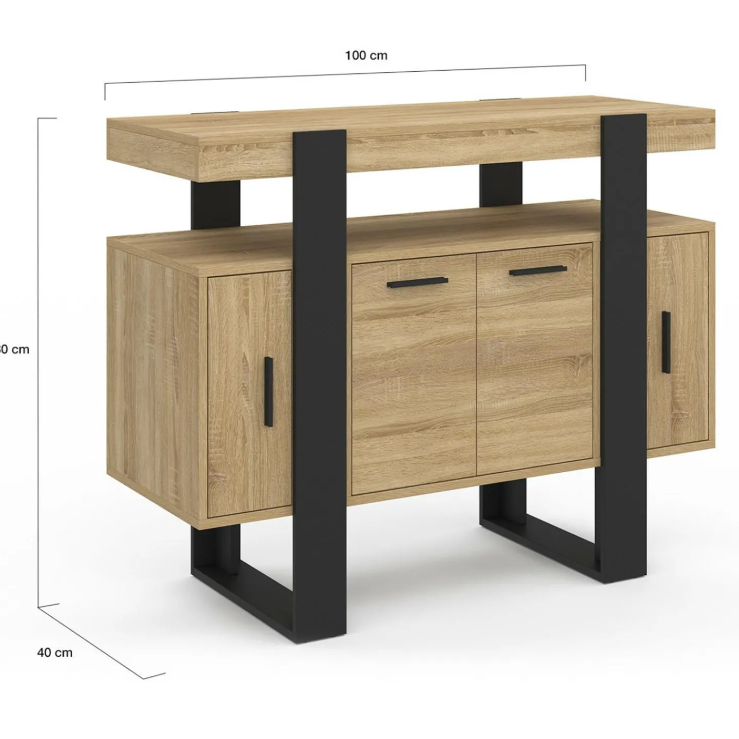Buffet 100cm 4 portes bois et noir avec étagère*IDMarket New