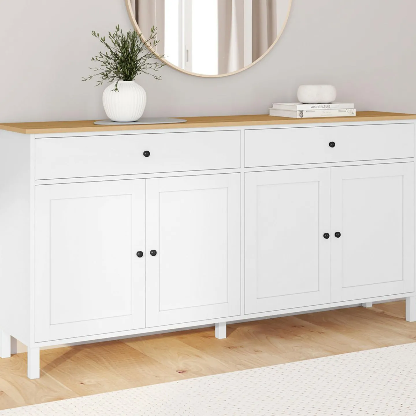 Buffet 160cm 4 portes et 2 tiroirs blanc et plateau bois*IDMarket Outlet