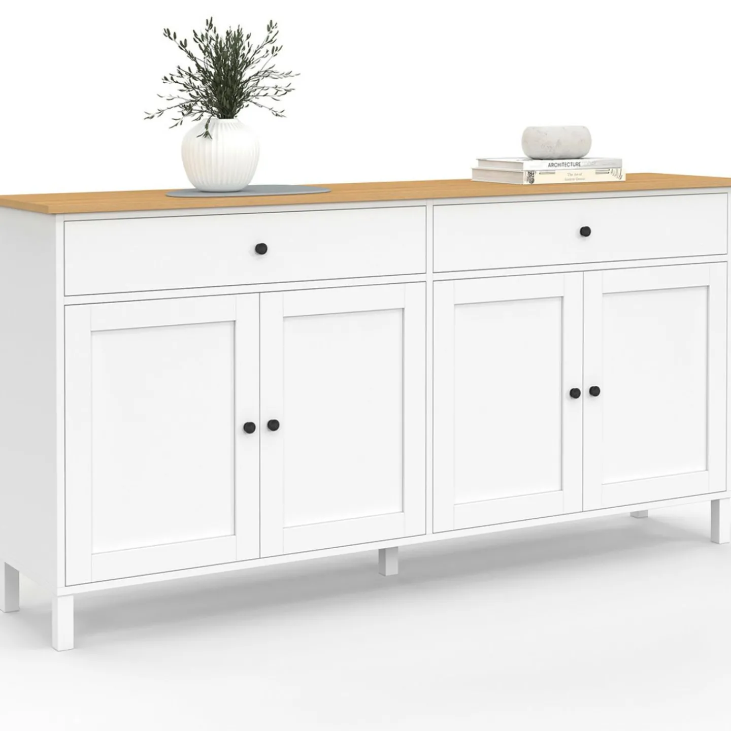 Buffet 160cm 4 portes et 2 tiroirs blanc et plateau bois*IDMarket Outlet