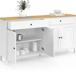 Buffet 160cm 4 portes et 2 tiroirs blanc et plateau bois*IDMarket Outlet