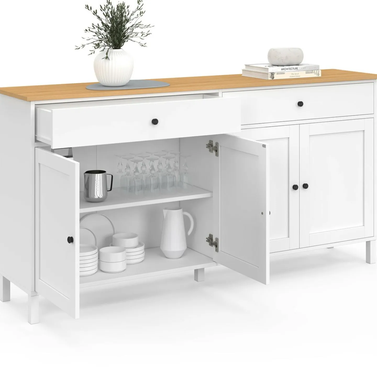 Buffet 160cm 4 portes et 2 tiroirs blanc et plateau bois*IDMarket Outlet
