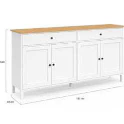 Buffet 160cm 4 portes et 2 tiroirs blanc et plateau bois*IDMarket Outlet