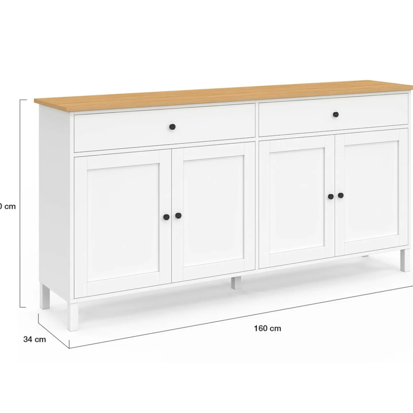 Buffet 160cm 4 portes et 2 tiroirs blanc et plateau bois*IDMarket Outlet
