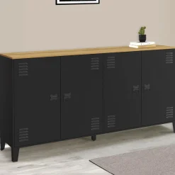 Buffet 160cm ESTER 4 portes en métal noir plateau bois design industriel*IDMarket Clearance