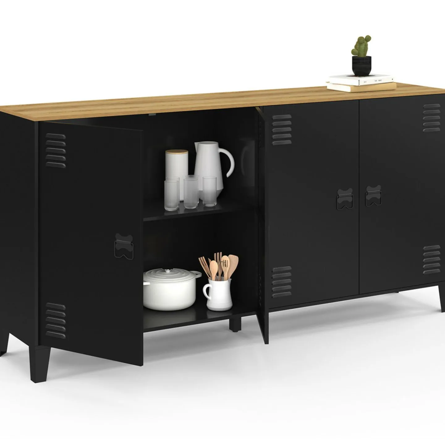 Buffet 160cm ESTER 4 portes en métal noir plateau bois design industriel*IDMarket Clearance
