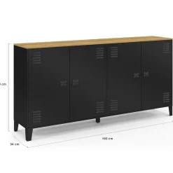 Buffet 160cm ESTER 4 portes en métal noir plateau bois design industriel*IDMarket Clearance