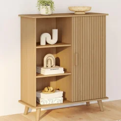 Buffet d'appoint 70 cm bois effet lattes et tasseau avec 3 étagères et placard*IDMarket Outlet